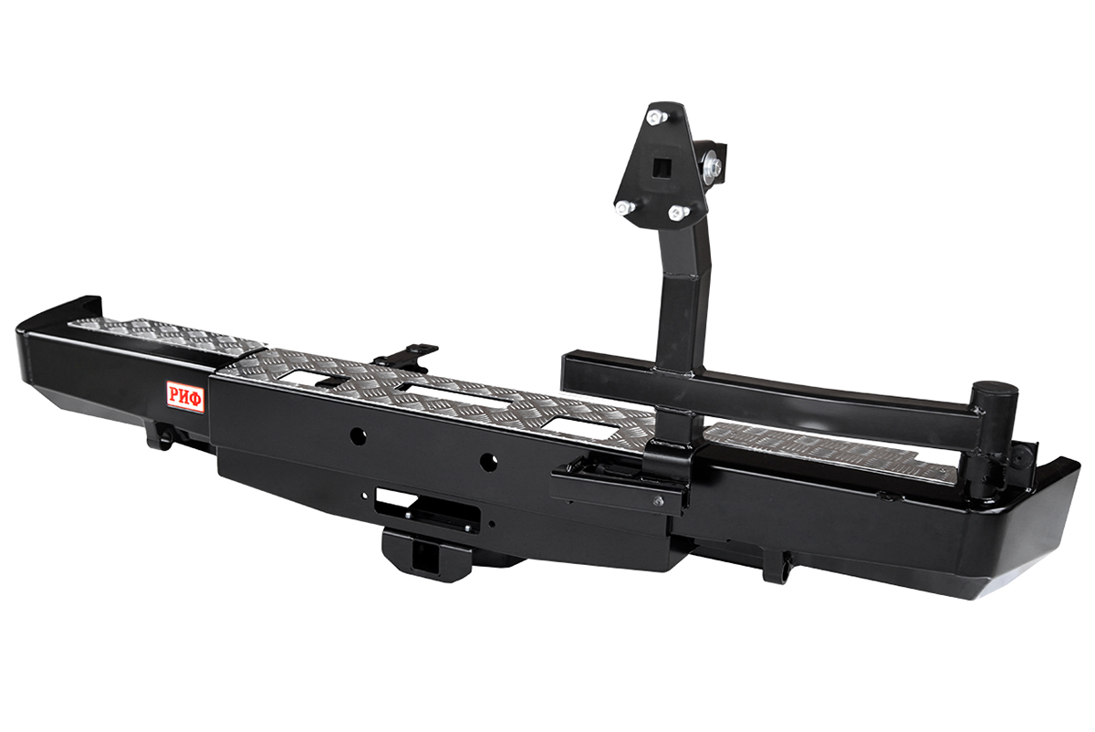 Бампер РИФ силовой задний для ГАЗ Соболь с площадкой под лебёдку, квадратом под фаркоп и калиткой, лифт 50 мм