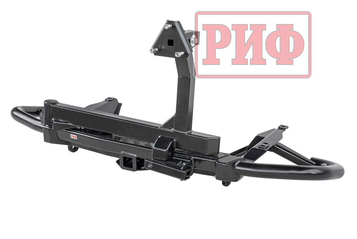 Бампер задний силовой/защита штатного бампера РИФ Toyota Land Cruiser Prado 120 c квадратом под фаркоп, калиткой, подсветкой номера