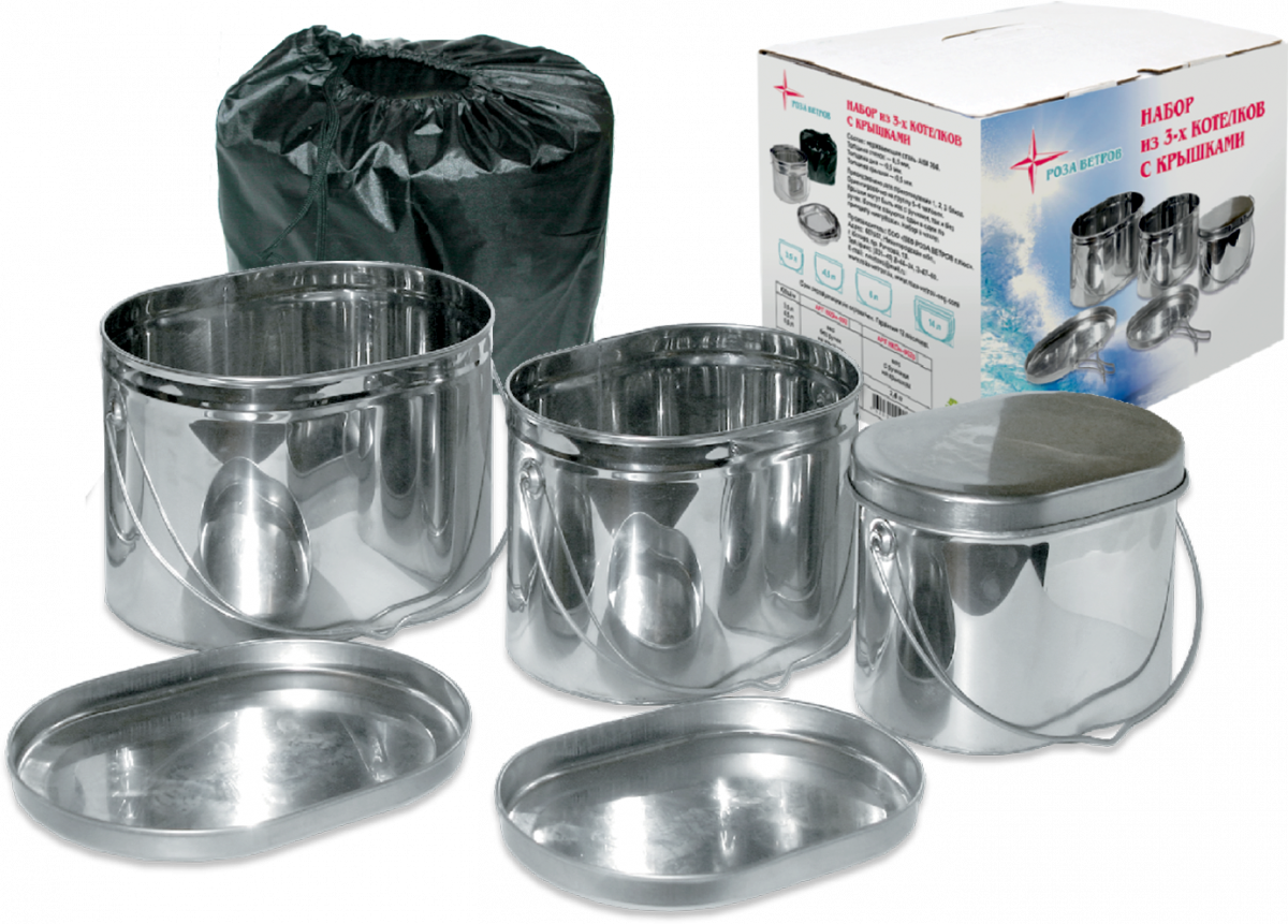 Набор низких котелков 3 шт.(3,3;4,5;6л) крышки с ручками, нержавеющая сталь