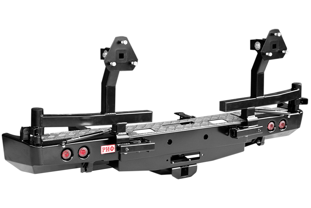 Бампер РИФ силовой задний для ГАЗ Соболь с площадкой под лебёдку, квадратом под фаркоп, фонарями, 2-я калитками, подсветкой номера, лифт 50 мм