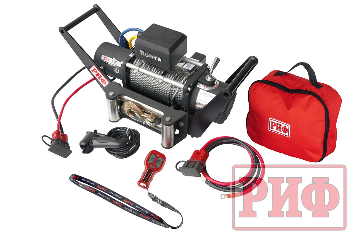 Лебёдка переносная РИФ 9500 c площадкой в квадрат для фаркопа и проводами (в сборе)