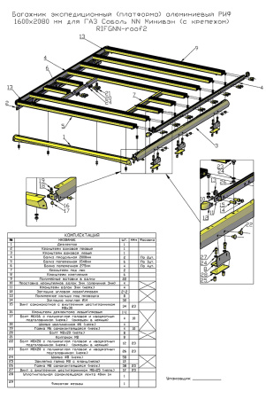 Багажник экспедиционный (платформа) алюминиевый РИФ 1600x2080 мм для ГАЗ Соболь NN Минивэн (с крепежом)