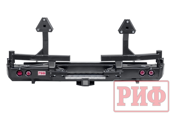 Бампер РИФ силовой задний Isuzu D-MAX 2012-2020 с квад. под фаркоп, 2-мя калит., фонарями, стандарт