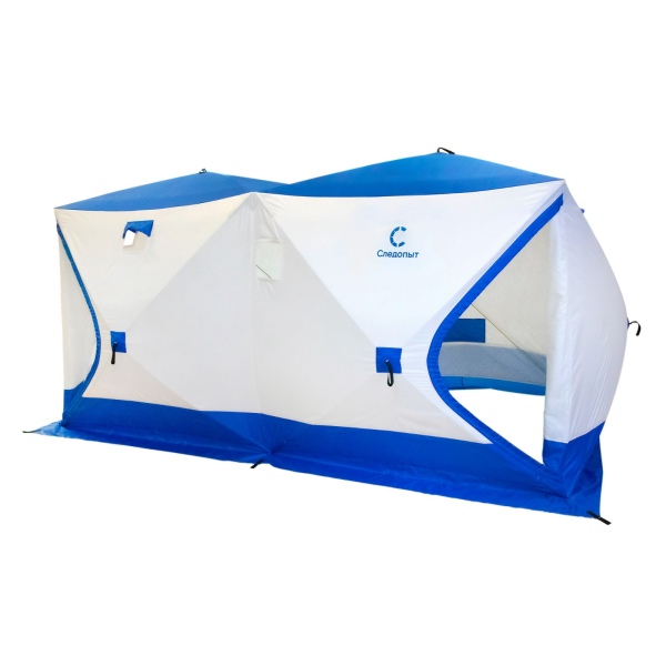 1 Палатка зимняя куб СЛЕДОПЫТ, 3,8х1,9 м, 2-комнатная, 3 слоя , синий/белый