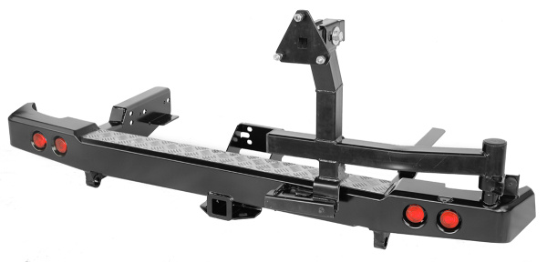 Бампер РИФ силовой задний УАЗ Пикап 2005+ с квадратом под фаркоп, калиткой, фонарями, подсветкой номера стандарт