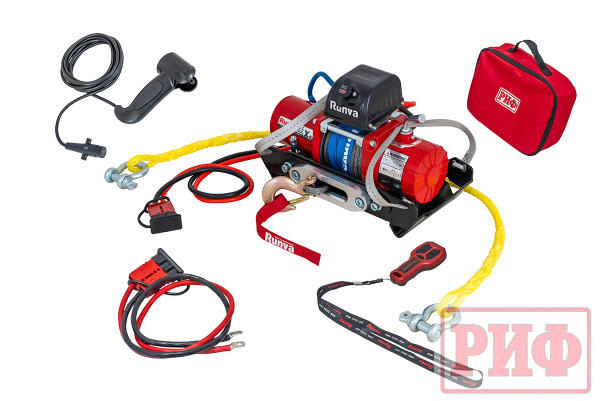 Лебёдка переносная РИФ 9.5XSR c облегчённой площадкой и проводами в сборе, короткий барабан, синтетический трос