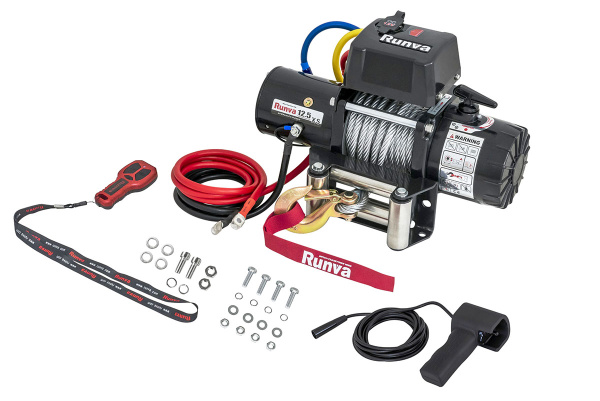 Лебёдка электрическая 12V Runva 12500 lbs 5670 кг короткий барабан, стальной трос