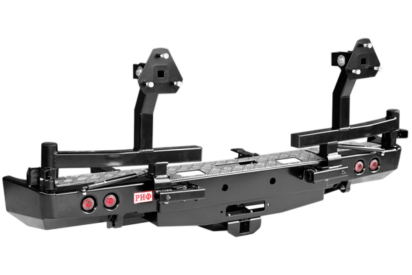 Бампер РИФ силовой задний для ГАЗ Соболь с площадкой под лебёдку, квадратом под фаркоп, фонарями, 2-я калитками, подсветкой номера, лифт 50 мм