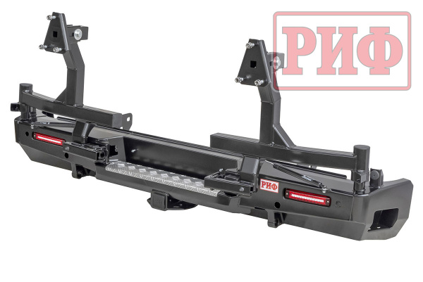 Бампер РИФ силовой задний Toyota Tundra 2007-09.2013 с квадратом под фаркоп, 2-мя калитками, фонарями, подсветкой номера