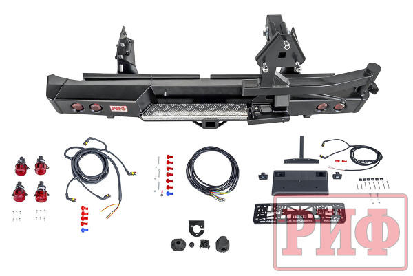 Бампер РИФ силовой задний Mitsubishi L200 2019+ с квадратом под фаркоп, калиткой и фонарями Бампер РИФ силовой задний Mitsubishi L200 2019+ с квадратом под фаркоп, калиткой и фонарями