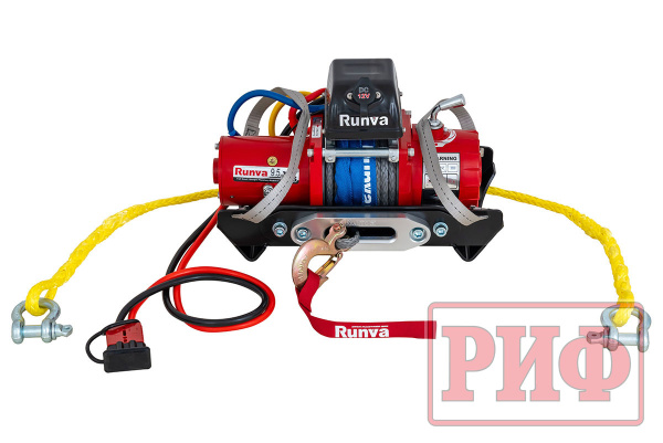 Лебёдка переносная РИФ 9.5XS c квадратом для фаркопа и проводами в сборе, короткий барабан, синтетический трос (облегченная)