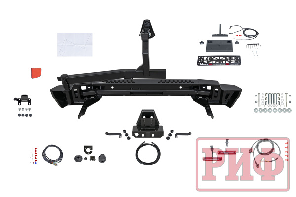 Бампер РИФ силовой задний Toyota Land Cruiser 200 2012-2015 с квадратом под фаркоп, калиткой, фонарями, подсветкой номера, стандарт