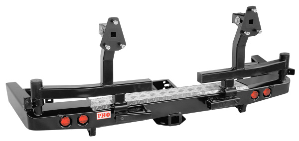 Бампер РИФ силовой задний УАЗ Патриот 2015+ с квадратом под фаркоп, фонарями, 2-мя калитками, подсветкой номера, стандарт