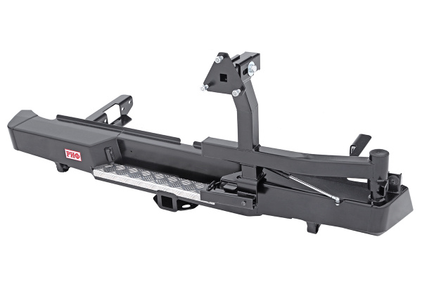 Бампер РИФ силовой задний Toyota Hilux 2015+ с квадратом под фаркоп, калиткой, подсветкой номера