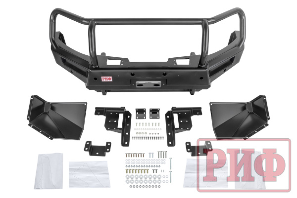 Бампер РИФ силовой передний Mitsubishi Pajero Sport 2015-2020 под доп. фары и парктроники, с защитной дугой и защитой бачка омывателя (фары в комплект не входят)