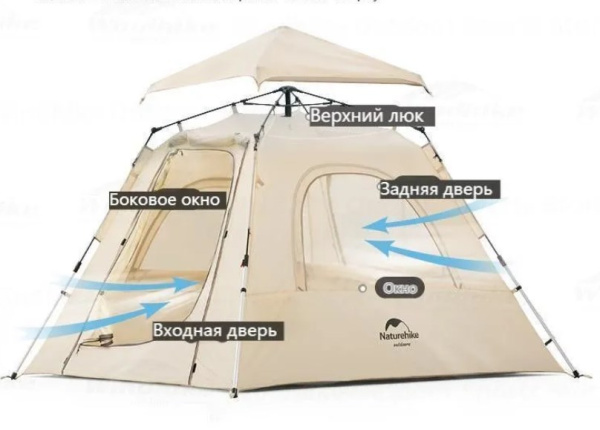 1.Палатка Naturehike Ango 3-местная, автоматическая, тент, снежная юбка, бежевая
