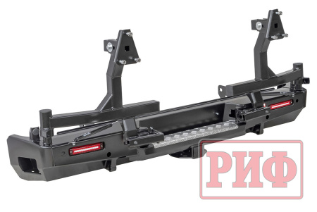 Бампер РИФ силовой задний Toyota Tundra 2007-09.2013 с квадратом под фаркоп, 2-мя калитками, фонарями, подсветкой номера