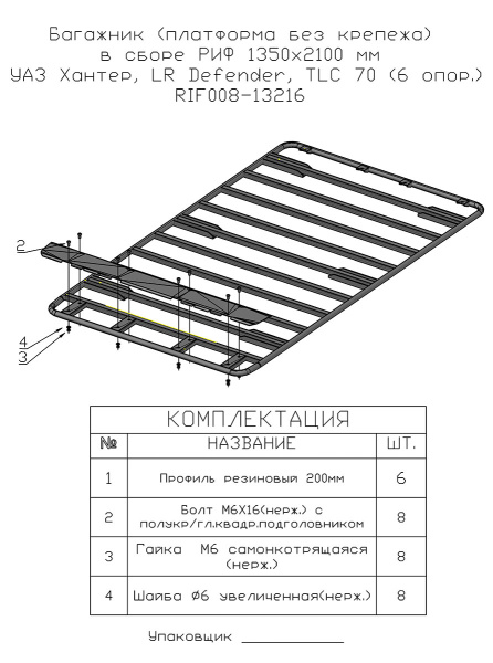 Багажник (платформа без крепежа) РИФ1350x2100 мм УАЗ Хантер, LR Defender, TLC 70 (6 опор.)