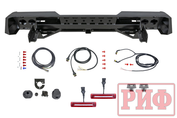 Бампер РИФ силовой задний Isuzu D-MAX (2012-2021) с квадратом под фаркоп и фонарями, стандарт